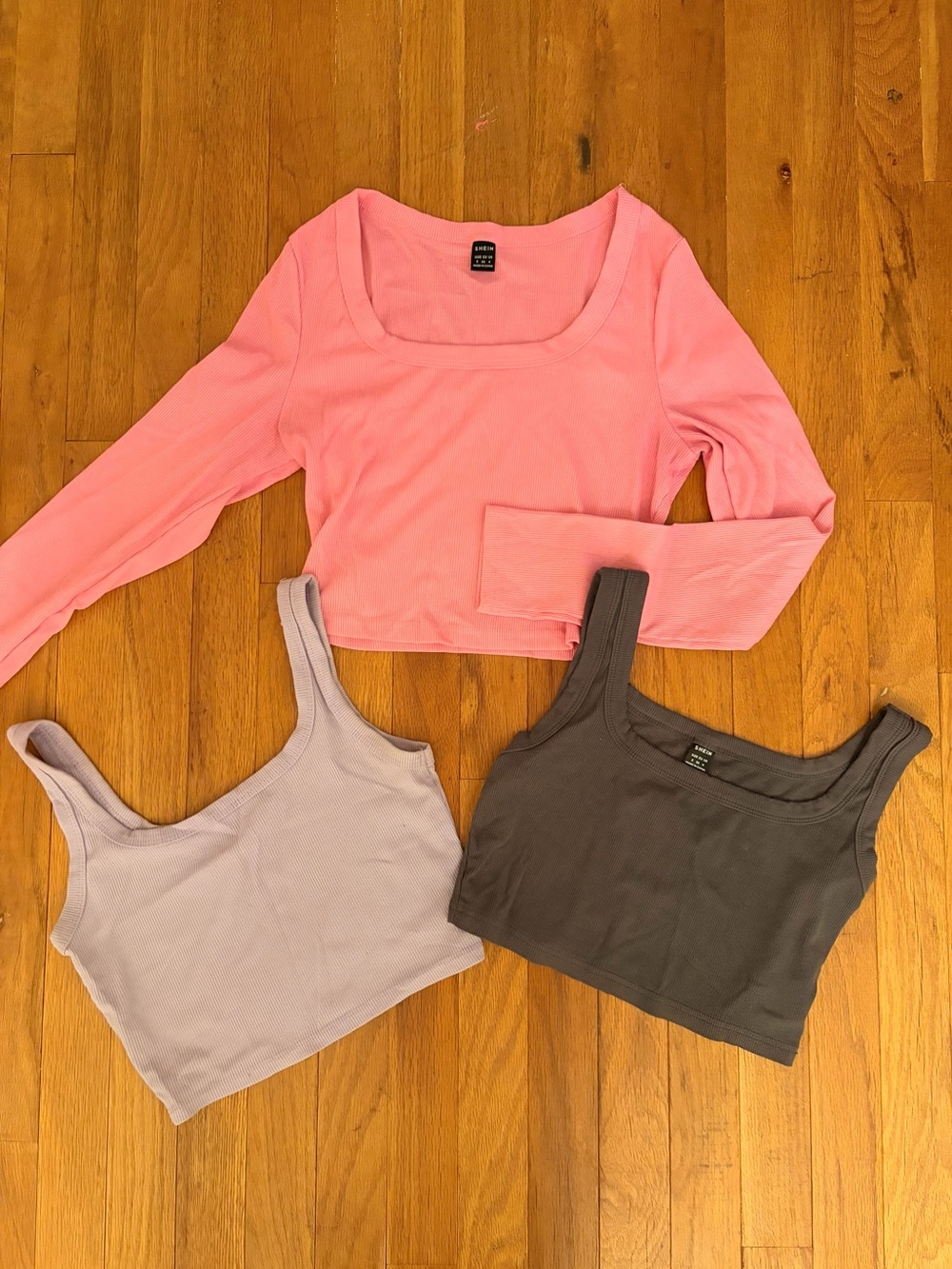 SHEIN Pink, Lilac & Charcoal Ribbed Crop Tops - Long Sleeve + Tanks